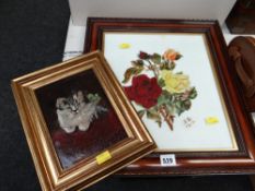Vintage framed painting on glass of roses together with a framed small oil on canvas of a kitten