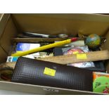A parcel of stationary items including rulers, scissors, pens, paperweights etc