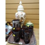 A vintage glass jug & glasses set together with a large milk glass lidded vase etc