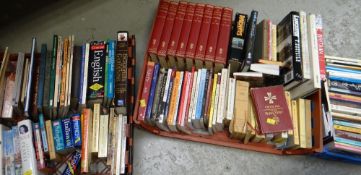 Two crates of various hardback & paperback books including various language dictionaries,