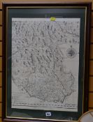 Framed reproduction map of Emanuel Bowen's map of South Wales together with three framed prints etc