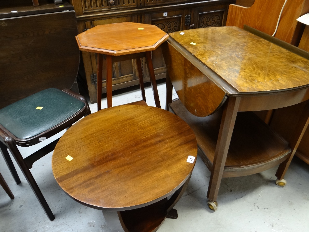 A burr effect vintage tea trolley & two occasional tables etc