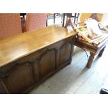 A good reproduction oak blanket box, modern glass top coffee table, a parcel of tapestry equipment