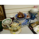 A parcel of pottery including blue & white meat platters, a novelty large breakfast cup & saucer,