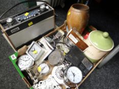 Parcel of mixed items including a Roberts radio, modern alarm clocks, EPNS etc