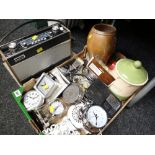 Parcel of mixed items including a Roberts radio, modern alarm clocks, EPNS etc