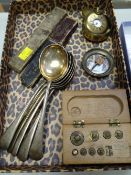 Yellow metal pocket watch & case, boxed weights, cut throat razors etc