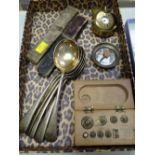 Yellow metal pocket watch & case, boxed weights, cut throat razors etc