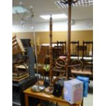 A vintage bentwood coat stand, a pine standard lamp & another together with sundry small furniture