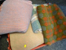 A green red & blue patterned Welsh woollen blanket together with two honeycomb blankets
