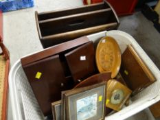 Parcel of various wooden items including magazine rack, barometer, crumb tray etc