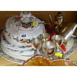 A large Staffordshire meat plate with a muffin dish, parcel of EPNS & candles etc