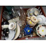Crate of mixed china & glass including teapots, Masons cup & saucer etc