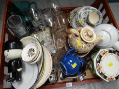 Crate of mixed china & glass including teapots, Masons cup & saucer etc