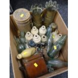 A selection of vintage stoneware & glass bottles etc together with a pair of decorated artillery