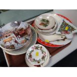 Tray of mainly Christmas decorated plates together with six new martini glasses