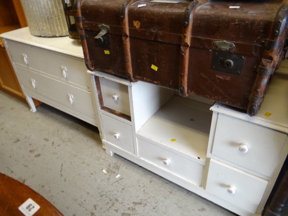 Two vintage white painted dressing tables, Lloyd Loom-style linen basket