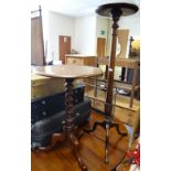 An antique mahogany torchere & an antique barley-twist tripod table