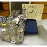 Small parcel of various EPNS items including a cruet set, sugar sifter together with a modern clock