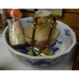 A large Masons Ironstone dragon decorated bowl, pair of brass candlesticks etc