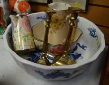 A large Masons Ironstone dragon decorated bowl, pair of brass candlesticks etc