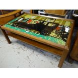 A mid-century glass top pictorial Long John coffee table depicting vintage motorcar & crowds of
