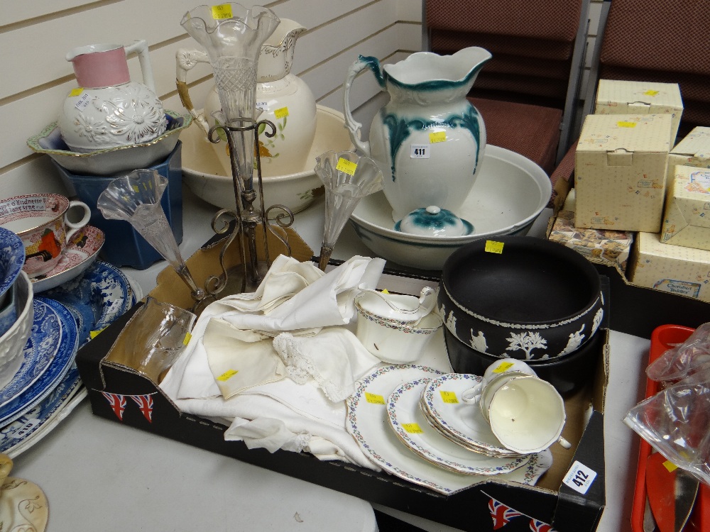 An EPNS epergne, small parcel of teaware together with a Wedgwood black Jasperware footed bowl