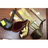 Cased miniature Meerschaum pipe, two other pipes, collection of tuning forks