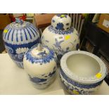 Three modern lidded large blue & white ginger jars together with a small blue & white Chinese-