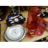 A cased communion set together with an EPNS dish & three cranberry jugs