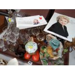 A tray of various ornaments, fancy drinking glasses & a signed photograph of Ruby Murray etc