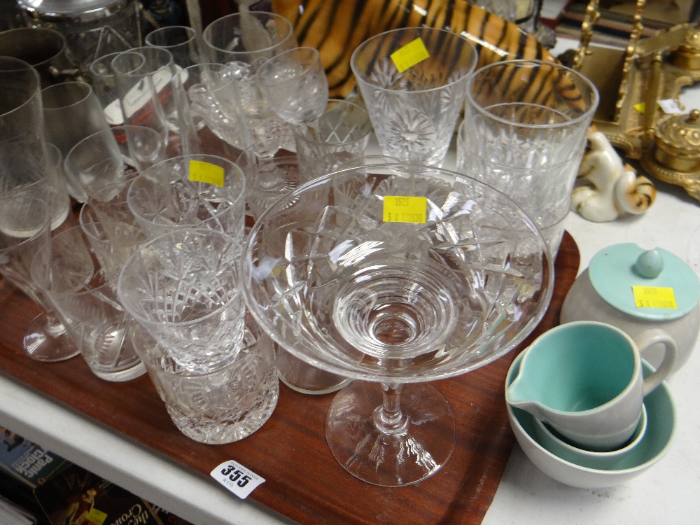 A tray of various mainly drinking glasses & small parcel of Poole pottery teaware