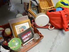 Two crates of mixed household items including novelty tins, wicker baskets, prints etc