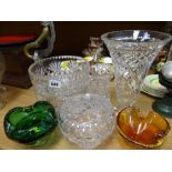 A parcel of glassware including coloured glass, modern vases, cut crystal bowls etc