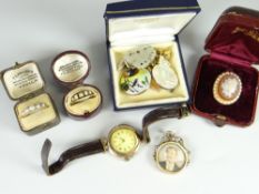 Two pearl rings, gold locket & bar brooch together with a 9ct gold cased ladies wristwatch