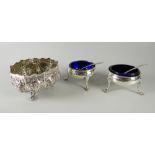 A continental silver sugar bowl & two hallmarked silver salts with spoons