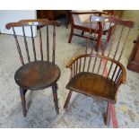 An elm seated hoop back chair & another