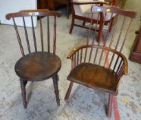An elm seated hoop back chair & another