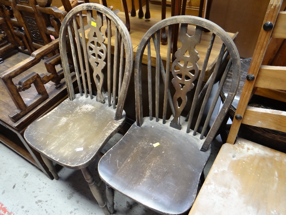 A pair of carved Oriental hardwood armchairs, a pair of wheel back chairs (distressed) & three - Image 2 of 3