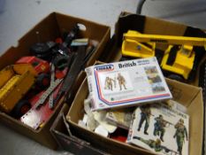 Box of vintage model military figures, rail track etc