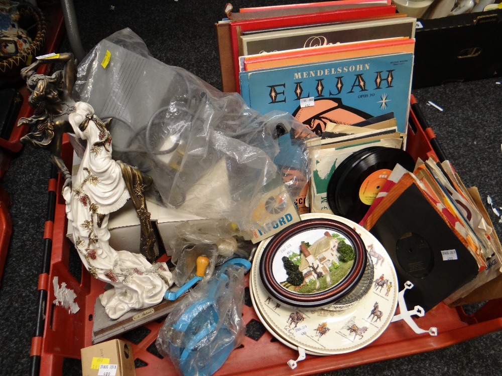 Two crates of mixed china including continental figurines, selection of LP & single records etc