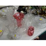 A parcel of glassware including decanter, vases, two cranberry glass vases & a small silver topped