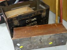 Vintage metal ammunition box with carry handles (no lid), flat irons, cobbler's last, vintage tins