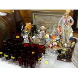 Tray of various ornaments & figures together with a parcel of red glassware