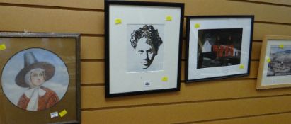 A gouache of Dylan Thomas together with a print of Penrhiwceiber & three others of Welsh interest