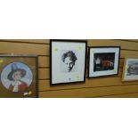 A gouache of Dylan Thomas together with a print of Penrhiwceiber & three others of Welsh interest