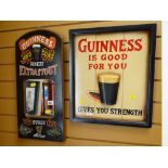 A small modern novelty mirror with Guinness Extra Stout together with a small modern wooden sign '