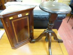 Miniature inlaid wall hanging cupboard and a small four footed stool