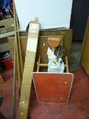 Two small folding tables, a parcel of snooker cues, bullworker and a boxed pruner etc