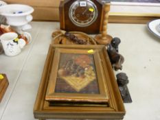 Vintage oak cased mantel clock, a quantity of carved treen items and two vintage oils on canvas -